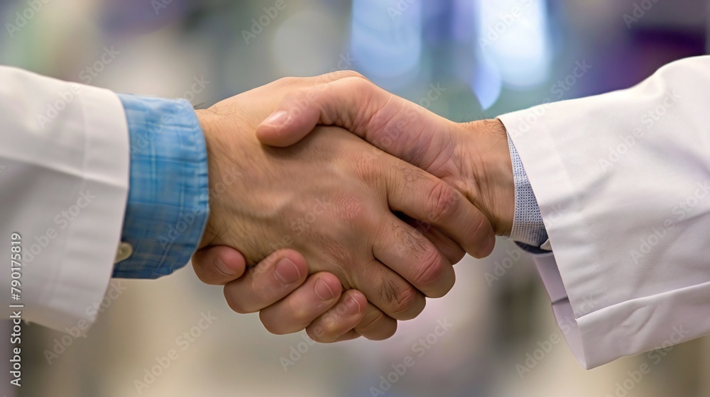Scientists in a laboratory shaking hands in recognition of a colleague's scientific achievement. Scientists in a laboratory shaking hands in recognition of a colleague's scientific achievement.