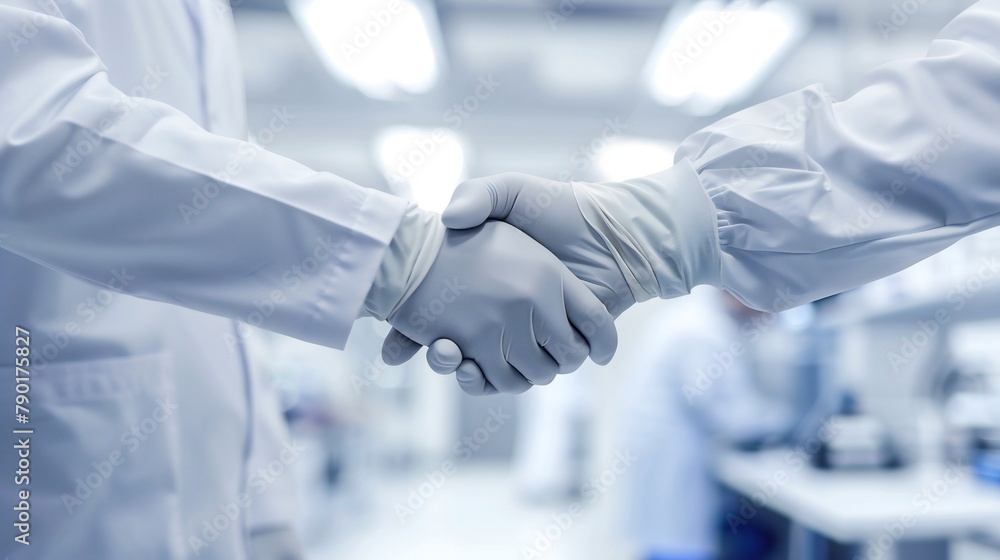 Scientists in gloves shaking hands, demonstrating their dedication to rigorous laboratory protocols. Scientists in gloves shaking hands, demonstrating their dedication to rigorous laboratory protocols.