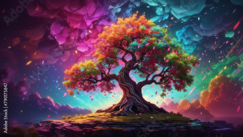 a tree with rainbow colored leaves against a starry night sky