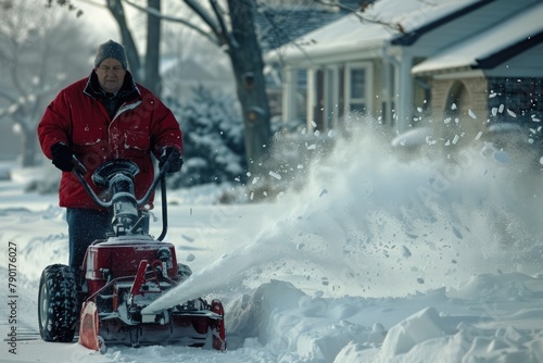 Man using snowblower to clear deep winter snow in residential area photo