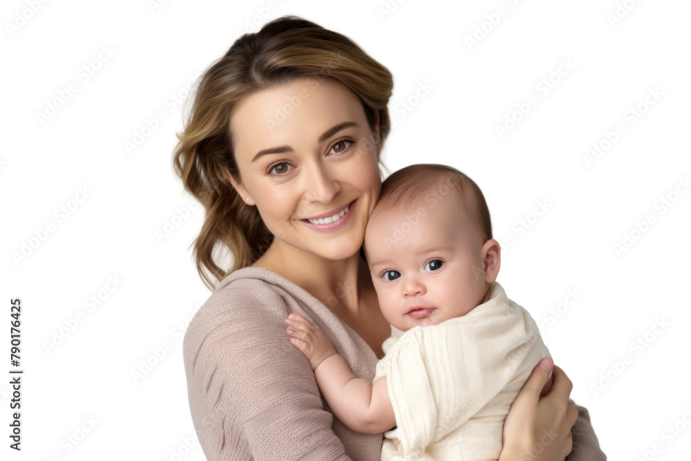 Portrait of mom holding baby with her arms isolated on transparent png background, love moment, newborn sleeping tenderly in arms, cute little infant. Portrait of mom holding baby with her arms isolated on transparent png background, love moment, newborn sleeping tenderly in arms, cute little infant.