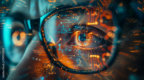 A close-up of an eye behind glasses, reflecting an intricate circuit board pattern, encapsulating the concept of advanced technology vision