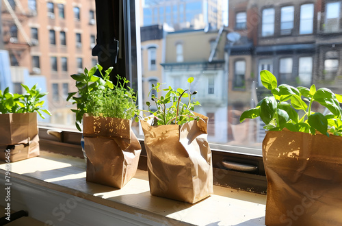 Herbs basking in sunlight on a windowsill photo