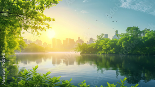A serene dawn breaks over a calm city park lake, where nature and urban life exist in harmonious balance photo