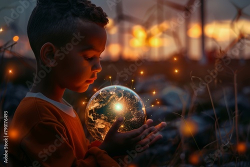 Young Boy Engrossed in Spinning a Small Illuminated Globe using Wind Energy at Dusk