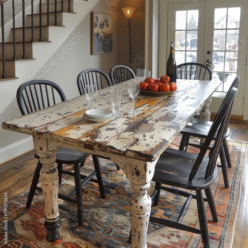 A long wooden table with a white distressed paint finish is paired with black wooden chairs in a dining room with a colorful rug and hardwood floors. photo