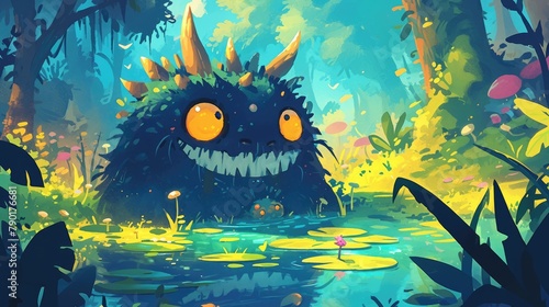 Immerse yourself in a whimsical world where a fantastical monster lurks in the misty swamp of a magical forest This vibrant 2d cartoon showcases a jungle setting complete with a serene lake