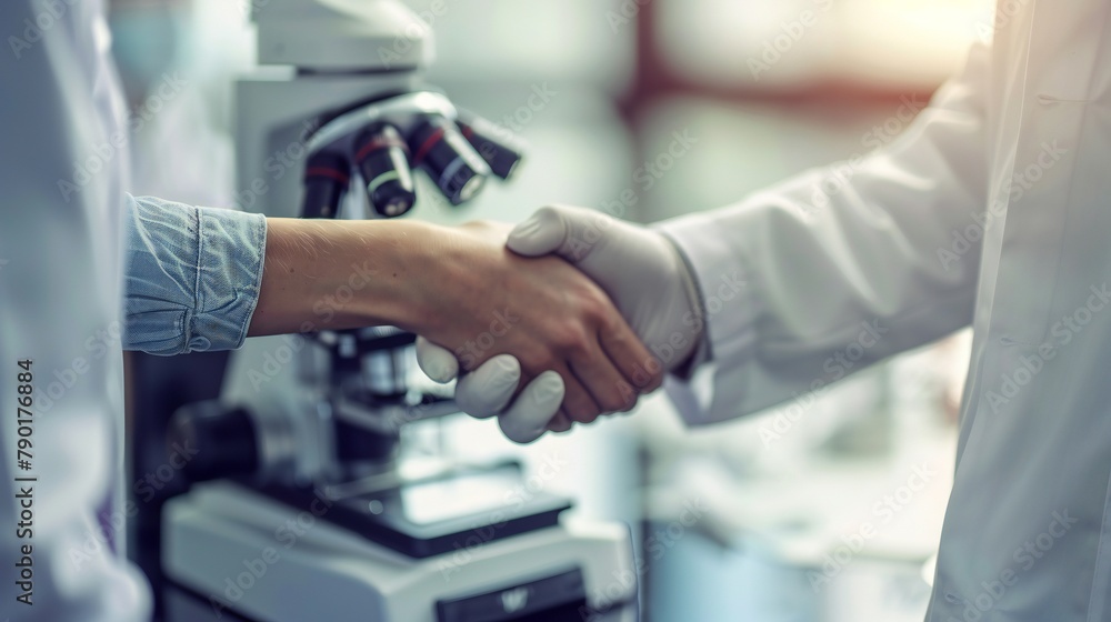 Two scientists exchanging a handshake to commemorate a successful experiment in the lab. Two scientists exchanging a handshake to commemorate a successful experiment in the lab.