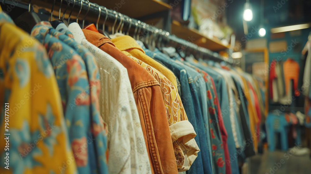 Obraz premium Second hand shop, colorful clothes hanging on hangers