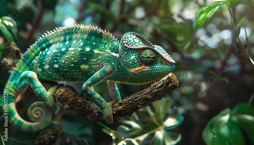 Craft a detailed 3D rendering of a curious chameleon perched on a branch, portrayed from a unique tilted angle view Showcase its intricate scales and mesmerizing eyes, set against a digitally enhanced