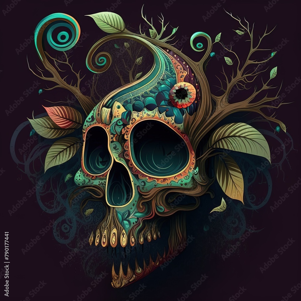 Fototapeta premium Mystical and Macabre Skull Illustrations Set on Moody Black Backgrounds, Perfect for Dark and Sinister Designs