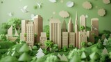 An artistic representation of a cityscape crafted in a unique paper art style, featuring stylized white flowers and foliage against a serene green background
