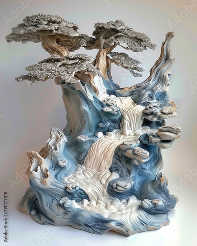 Craft a detailed clay sculpture of a cascading stream  highlighting the dynamic flow and play of light on the water