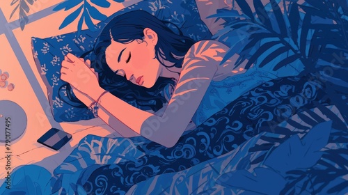 Illustration of a woman peacefully asleep in her bed at night photo