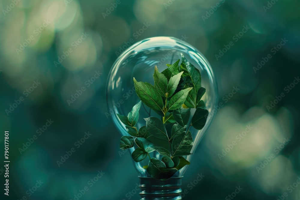 Verdant clover and foliage flourishing within light bulb against bokeh backdrop, eco power metaphor Verdant clover and foliage flourishing within light bulb against bokeh backdrop, eco power metaphor
