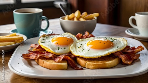 A plate of bacon and eggs sits on a table with a cup of coffee