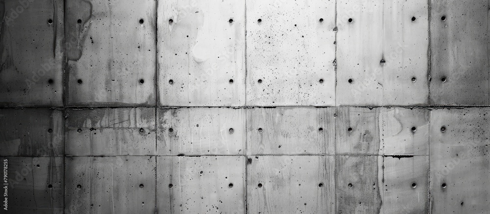 A black and white photo of a concrete wall with holes in a symmetrical pattern A black and white photo of a concrete wall with holes in a symmetrical pattern