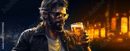 Cool man with drinking beer, illustration generated ai 