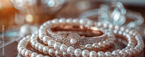 Sumptuous pearl strands intertwine with a rose gold diamond bracelet, showcasing luxury against a bokeh of light for a captivating still life.