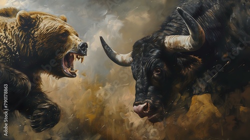 A Tense Standoff: Bear and Bull in Oil Painting