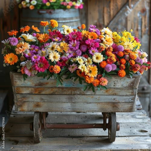 An old wooden red wagon filled with colorful zinnias photo