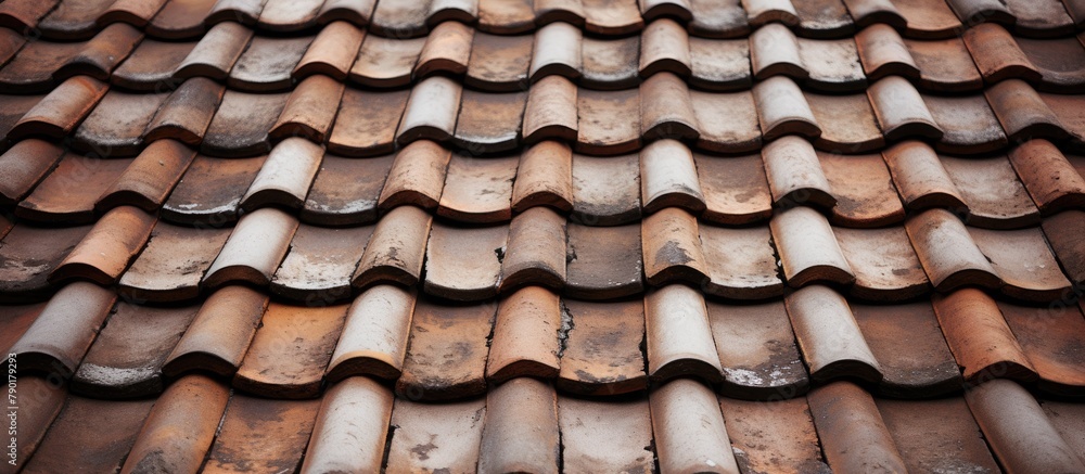 A close up of a roof covered with numerous brown tiles