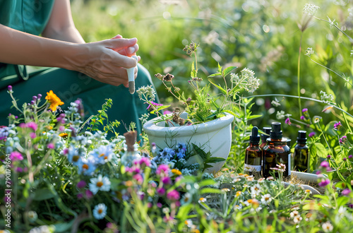 Preparing herbal remedies in a garden photo
