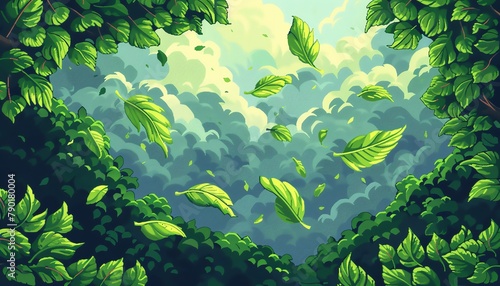 Craft a dynamic scene of flying green leaves from a unique pixel art perspective Utilize vibrant colors and precise detailing to bring a sense of whimsy and energy to the composition  highlighting the