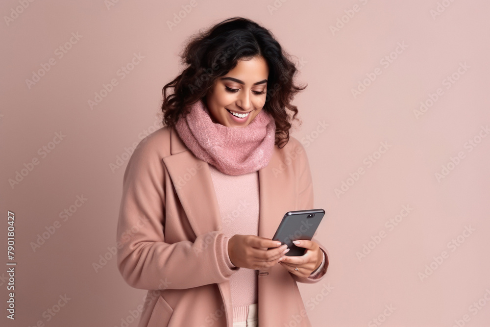 Young woman in winter wear using smartphone Young woman in winter wear using smartphone
