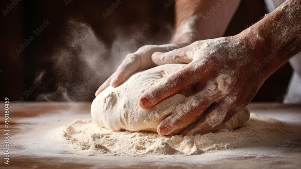 Close-up of hands shaping dough for artisan breads, with flour dusting the air, in a warm, inviting bakery setting.