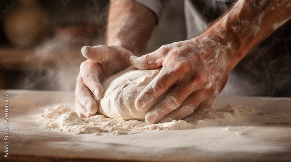 Close-up of hands shaping dough for artisan breads, with flour dusting the air, in a warm, inviting bakery setting. 