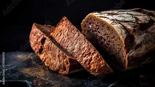 Artisan rye bread close-up, with a focus on the crust's texture and deep brown color, on a dark slate background. 
