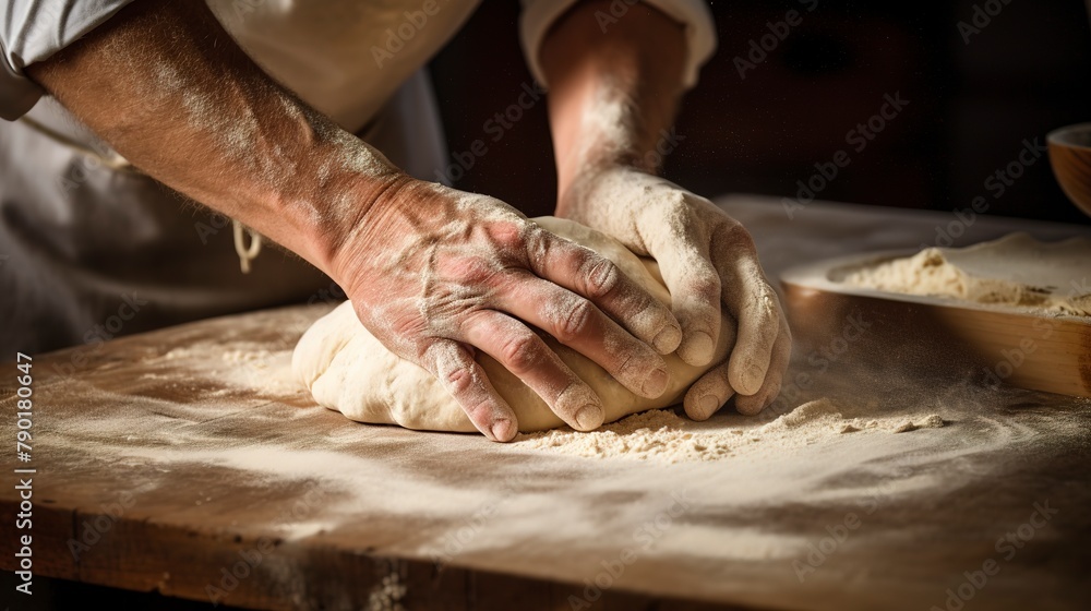 Close-up of a baker's hands scoring dough for artisan breads, showcasing the skill and care in the baking process. 