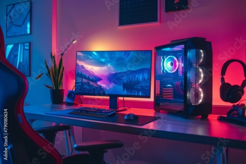 Sleek Minimalist Gaming Room With Custom PC Setup Illuminated by Neon Lights