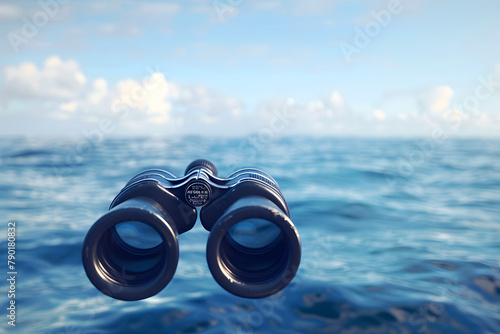 A pair of binoculars overlooking a vast ocean, isolated on a horizon blue background, symbolizing the vigilance for marine life on World Ocean Day  photo