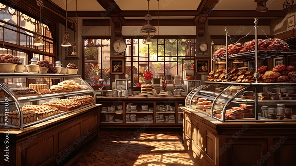 Bakery Interior and Ambiance: The warm, inviting atmosphere of a bakery. -