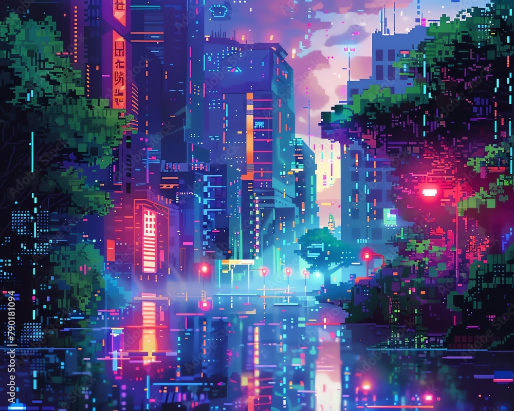 Craft a pixel art masterpiece depicting a surreal futuristic world where the boundaries of reality are fluid, featuring neon lights and abstract shapes merging seamlessly