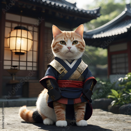 cat in kimono yukata walking by the garden outside of hut