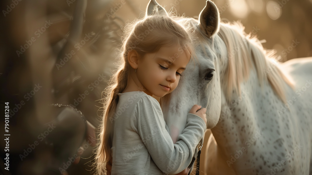 A girl embraces a majestic horse with genuine affection. The pure bond between a human and a horse during the tranquil morning hours. Generative AI. - obrazy, fototapety, plakaty 