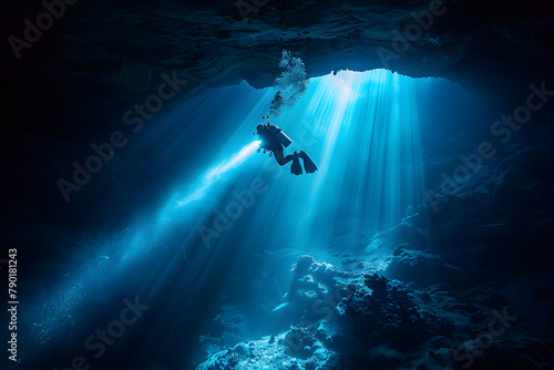 A scuba diver's torchlight illuminating a hidden underwater cave, isolated on a deep exploration blue background for World Ocean Day photo