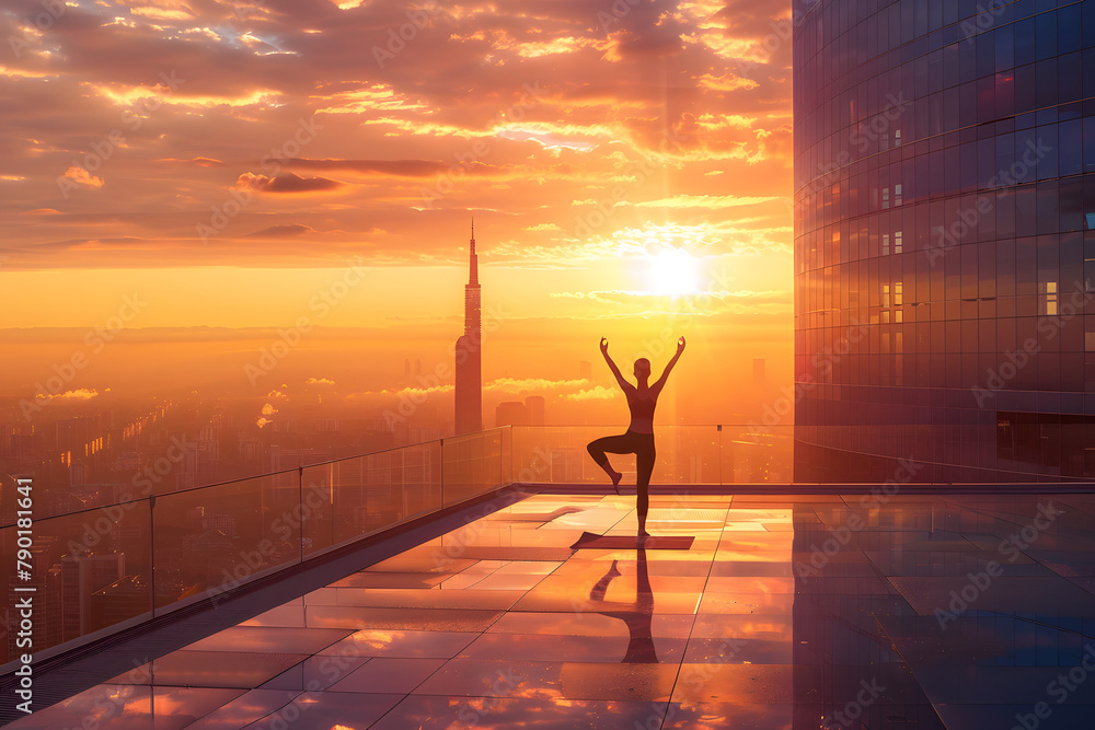 An early morning yoga session on a skyscraper's rooftop overlooking the sunrise, isolated on a urban zen gold background for International Yoga Day An early morning yoga session on a skyscraper's rooftop overlooking the sunrise, isolated on a urban zen gold background for International Yoga Day