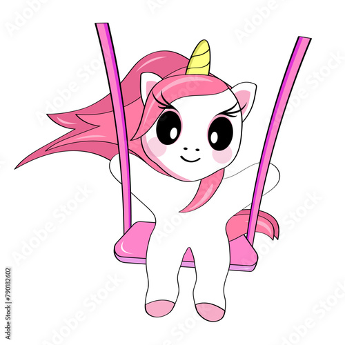 A cute smiling cartoon unicorn swings on a swing. Sticker.