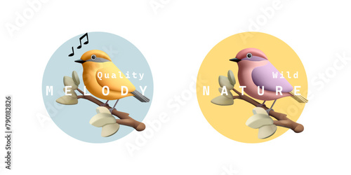 Melody, wildlife, birds singing, stickers, labels for advertising 3D. A beautiful little wild bird is singing on a branch. Vector