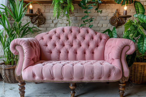 pink sofa in the room with plants around