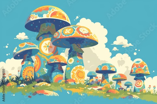 A group of psychedelic mushrooms with vibrant colors and patterns, in the style of digital art. The mushrooms have large caps and tiny spores on their bodies