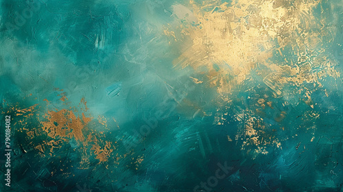 Upon a backdrop of tranquil teal, a shimmering veil of golden mist drifts, its radiant glow illuminating the canvas with the promise of a new dawn, filled with hope and possibility. photo