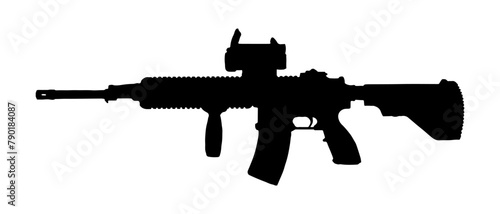 Ar 15 assault rifle silhouette vector illustration on white background. Black assault rifle vector icon.