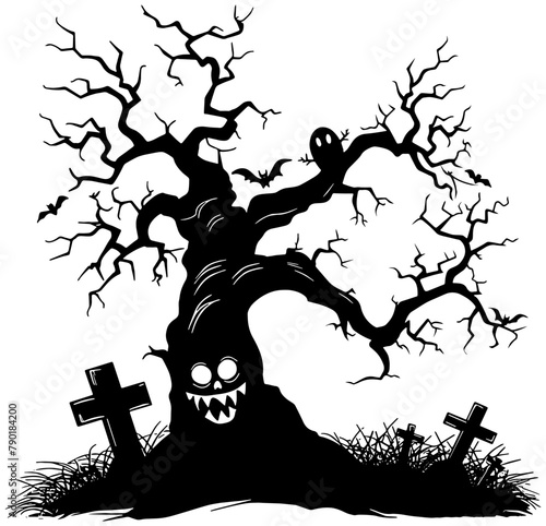 illustration of a spooky halloween tree with tombstone 