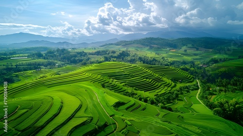 Landscape of green rice terraces amidst mountain agriculture. Travel destinations in Chiangmai, Thailand. Terraced rice fields. Traditional farming. Asian food. Thailand tourism. Nature landscape