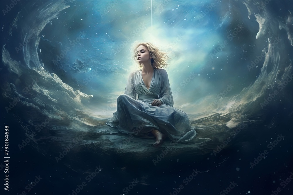 A beautiful angelic woman in white silky dress sitting on fluffy cloud with holy wheel floating on cloudy sky. Fantasy and heaven art concept. Generative AI.
